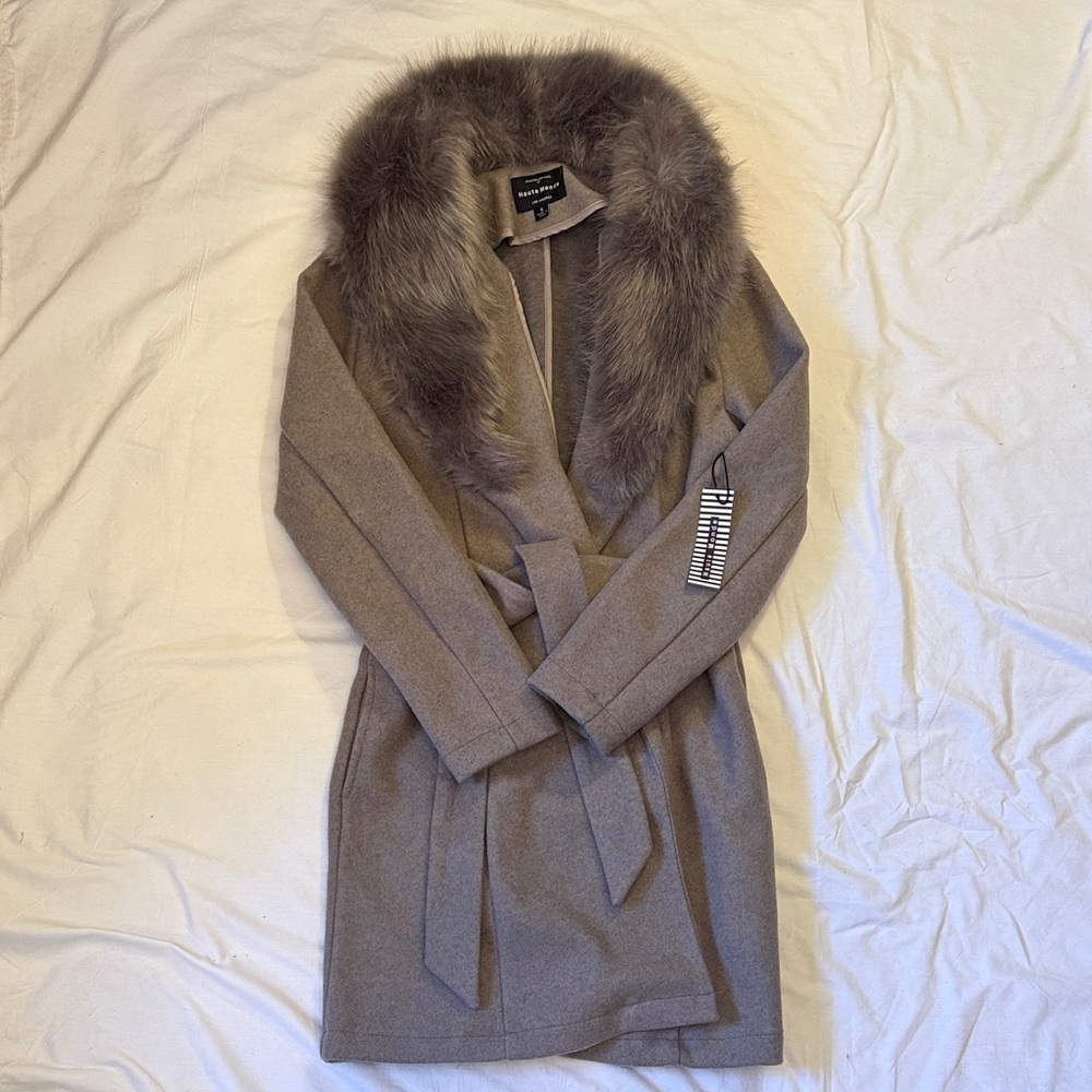 Haute Monde Gray Pea Coat with Faux Fur Collar